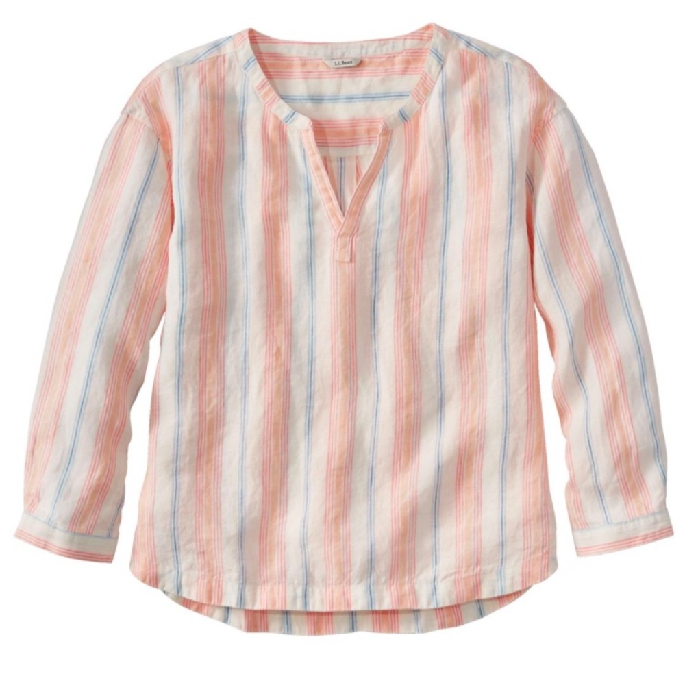 L.L. Bean Women's Premium Split V-Neck Washable Linen Striped Shirt